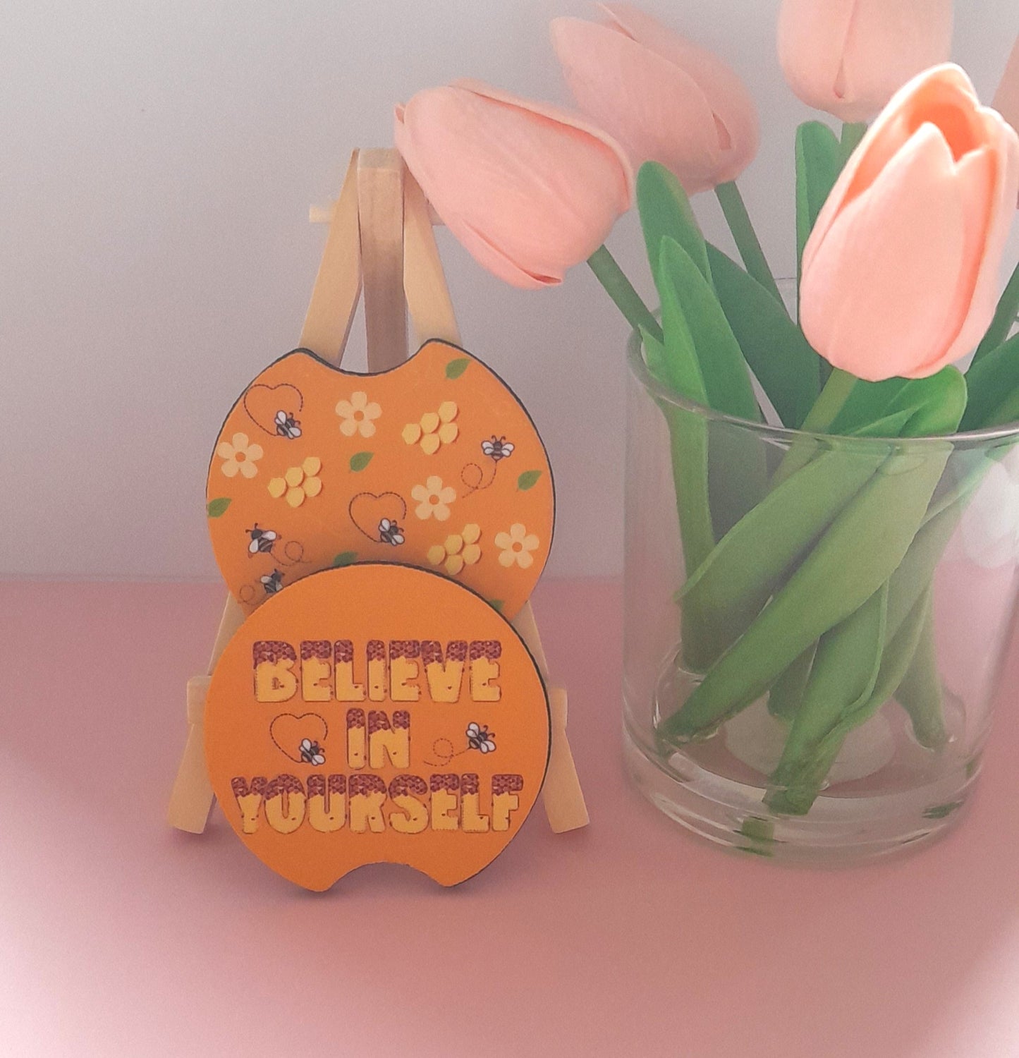 Set of 2 Premium Car Coasters – Cute Absorbent Drink Holders for Car Interior | Inspirational & Motivational Gift | Believe In Yourself