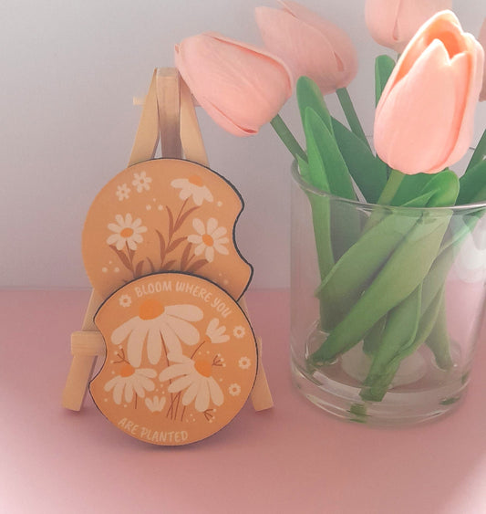 Set of 2 Premium Car Coasters – Cute Absorbent Drink Holders for Car Interior | Inspirational & Motivational Gift | Bloom Where You Are Planted