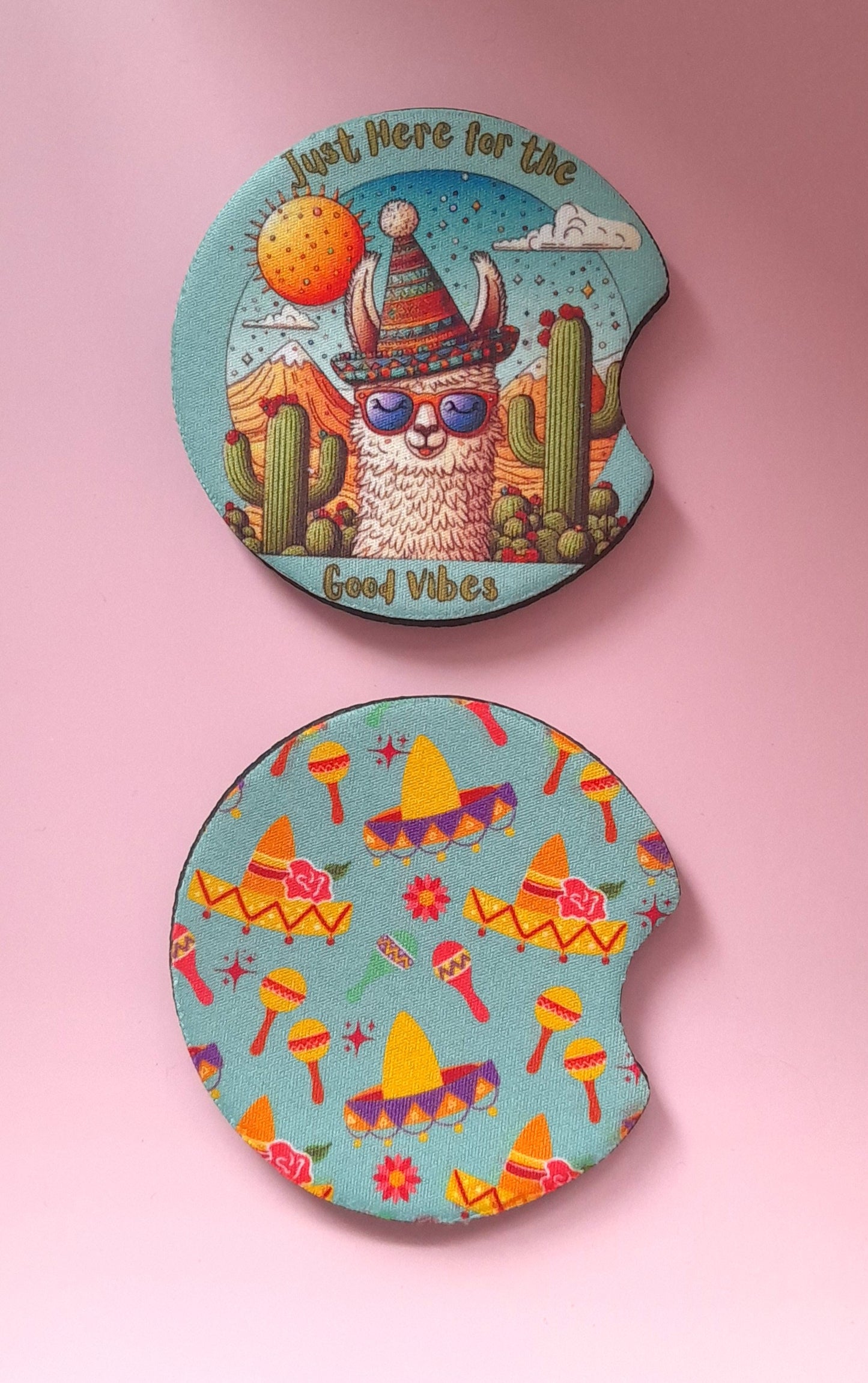 Set of 2 Premium Car Coasters – Cute Absorbent Drink Holders for Car Interior | Inspirational & Motivational Gift | Llama Good Vibes