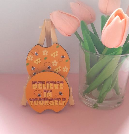 Set of 2 Premium Car Coasters – Cute Absorbent Drink Holders for Car Interior | Inspirational & Motivational Gift | Believe In Yourself