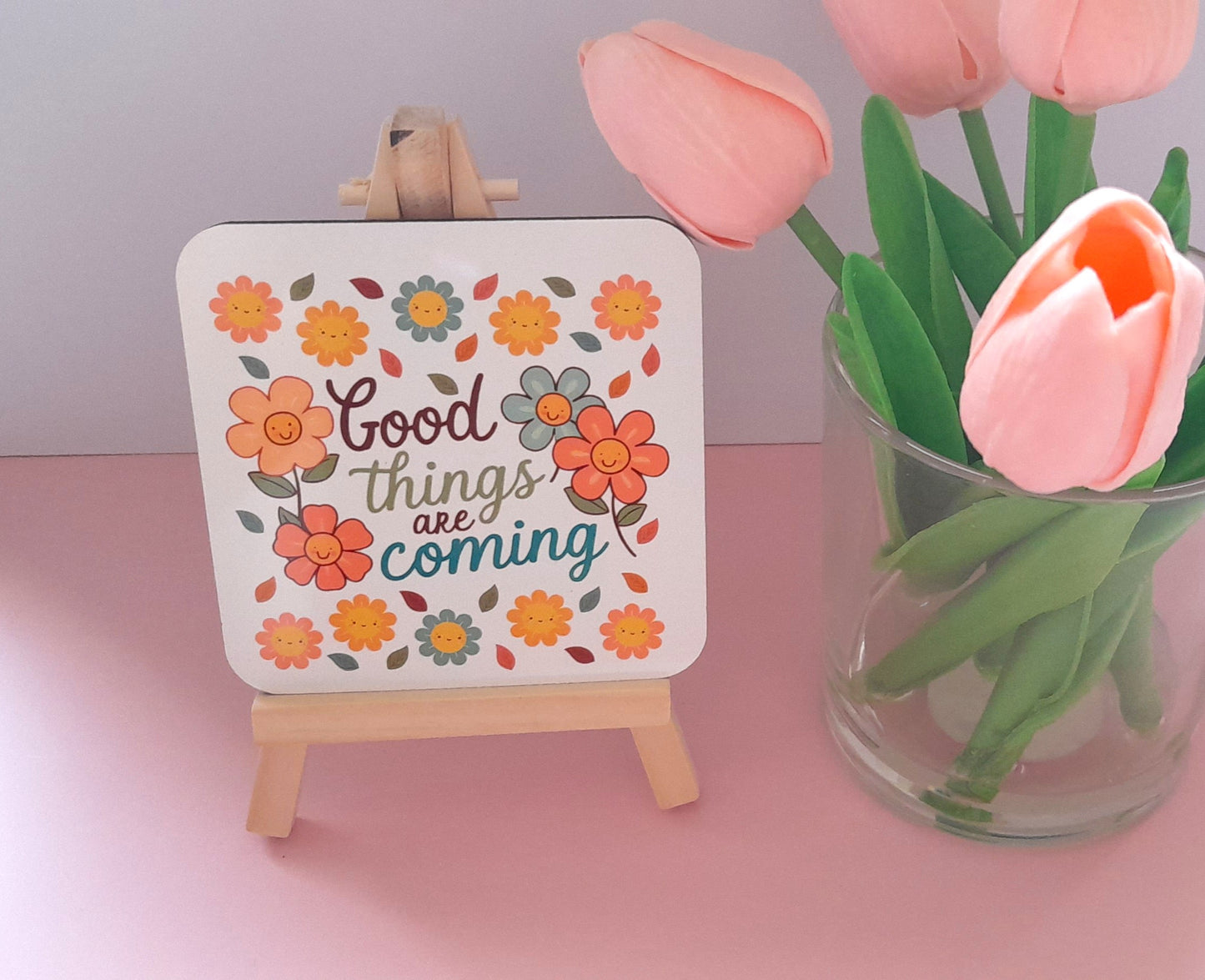 Good Things Are Coming | Cute Drinks Coaster — Single Coaster | Colourful Design |Cork Backing | Drinkware | Desk Accessory| Cosy Vibes
