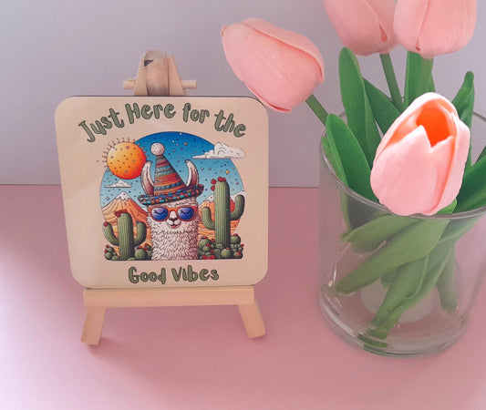 Llama Good Vibes | Cute Drinks Coaster — Single Coaster | Colourful Design |Cork Backing | Drinkware | Desk Accessory| Cosy Vibes