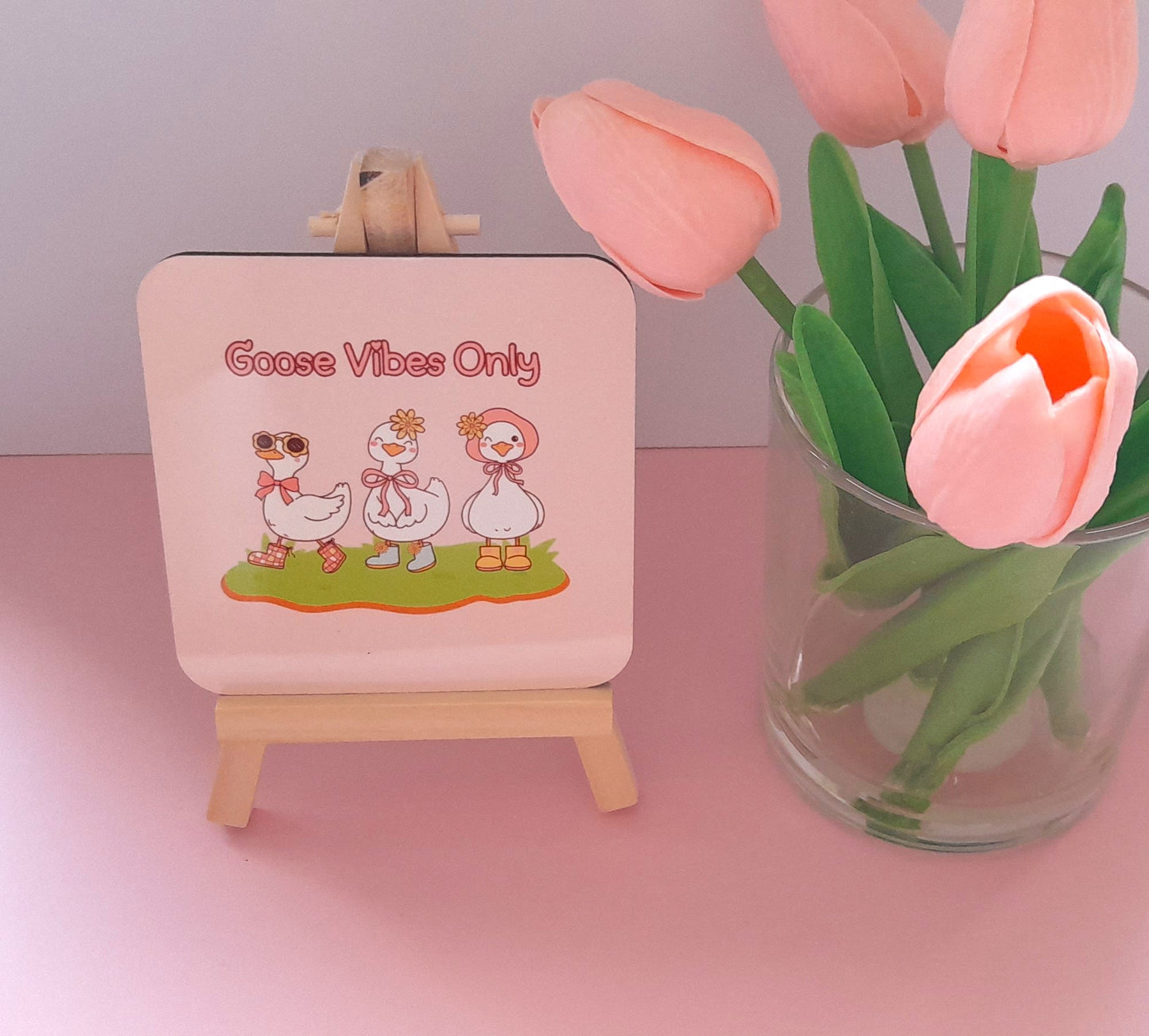 Goose Vibes Only | Cute Drinks Coaster — Single Coaster | Colourful Design |Cork Backing | Drinkware | Desk Accessory| Cosy Vibes