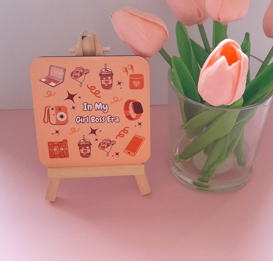 Girl Boss Era | Cute Drinks Coaster — Single Coaster | Colourful Design |Cork Backing | Drinkware | Desk Accessory| Cosy Vibes