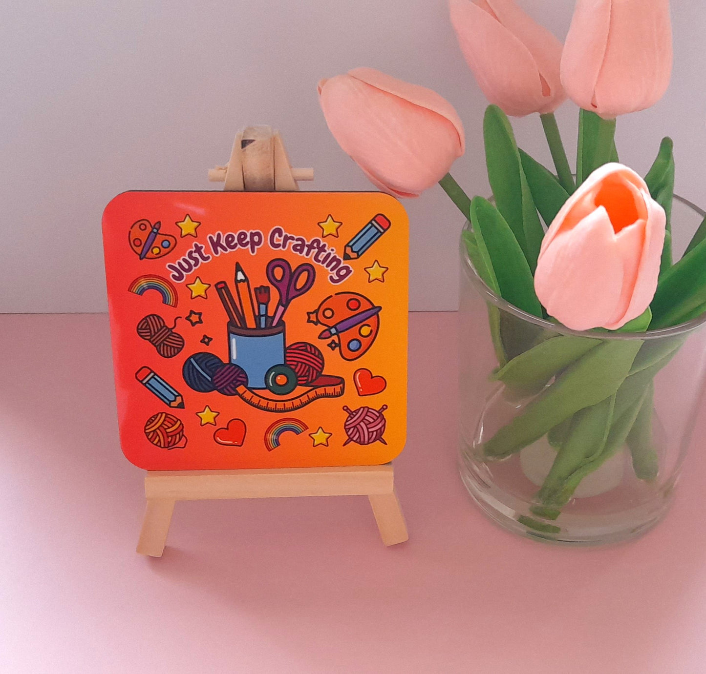 Just Keep Crafting Pink Ombre | Cute Drinks Coaster — Single Coaster | Colourful Design |Cork Backing | Drinkware | Desk Accessory| Cosy Vibes