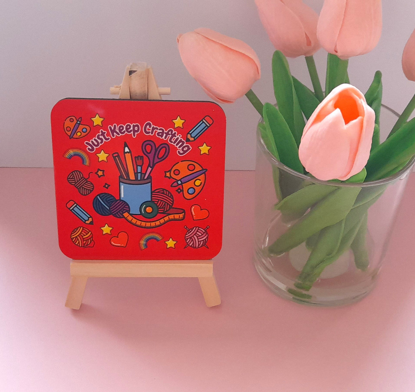 Just Keep Crafting Pink | Cute Drinks Coaster — Single Coaster | Colourful Design |Cork Backing | Drinkware | Desk Accessory| Cosy Vibes