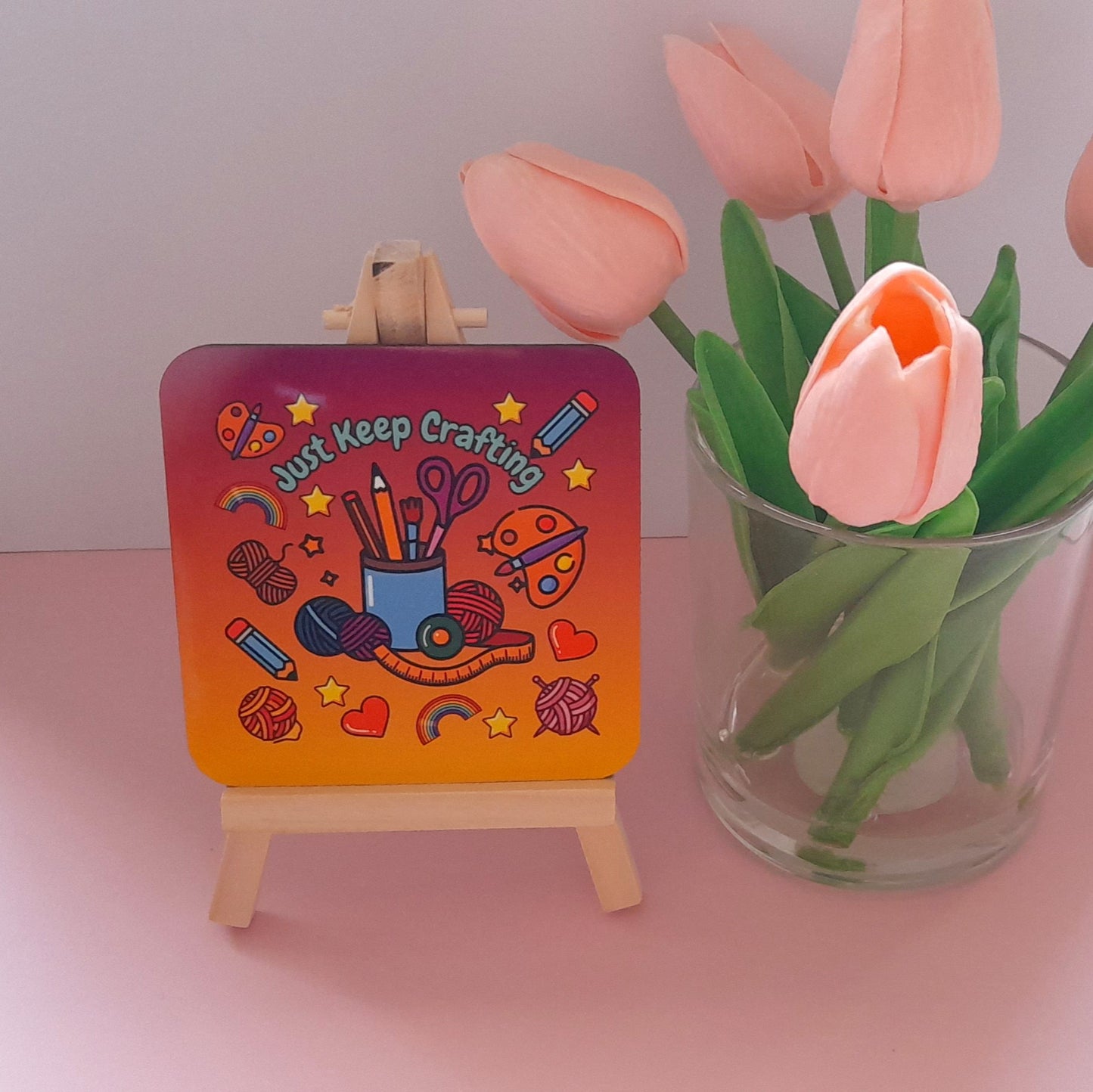 Just Keep Crafting Purple Ombre | Cute Drinks Coaster — Single Coaster | Colourful Design |Cork Backing | Drinkware | Desk Accessory| Cosy Vibes