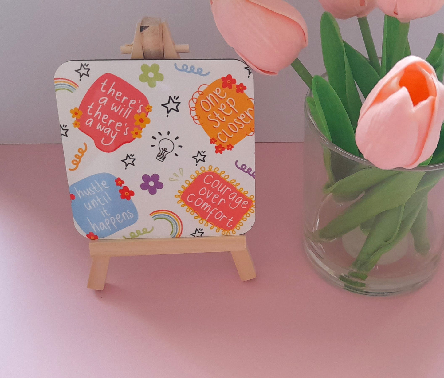 Small Business Motivation | Cute Drinks Coaster — Single Coaster | Colourful Design |Cork Backing | Drinkware | Desk Accessory| Cosy Vibes