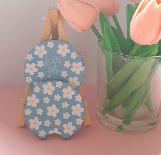 Set of 2 Premium Car Coasters – Cute Absorbent Drink Holders for Car Interior | Inspirational & Motivational Gift | Watch Me Bloom