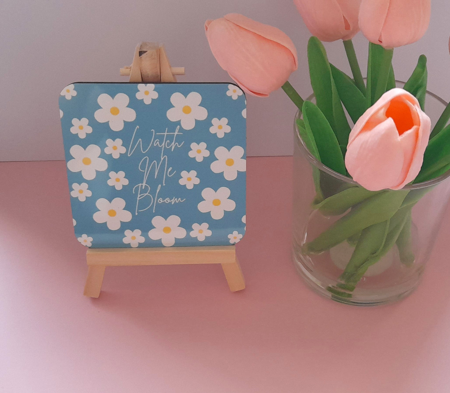 Watch Me Bloom | Cute Drinks Coaster — Single Coaster | Colourful Design |Cork Backing | Drinkware | Desk Accessory| Cosy Vibes